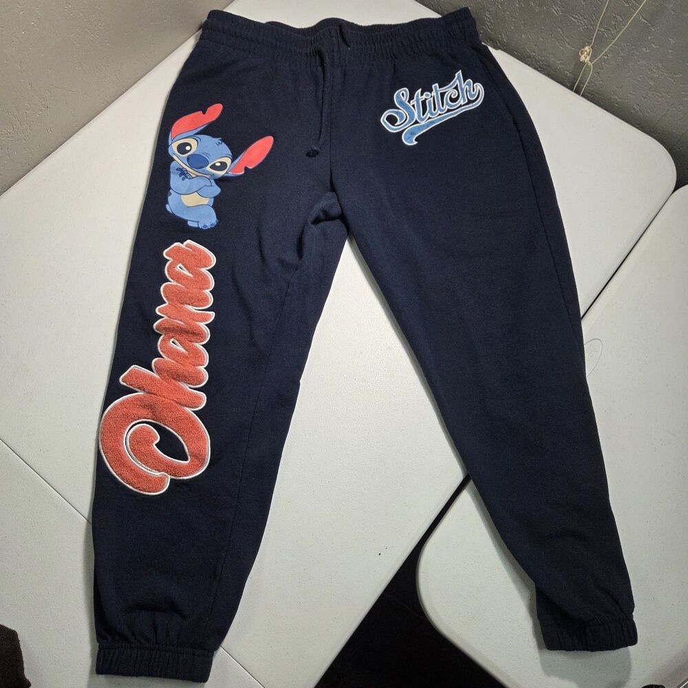 Disney Stitch Ohana Sweatpants Navy Blue Chenille Patch Joggers Girls Youth L